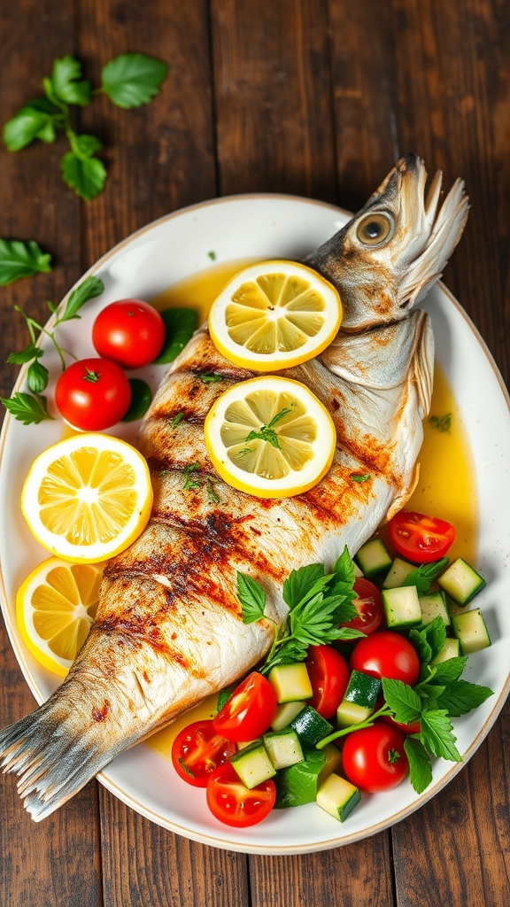 Grilled branzino with lemon, served with a fresh tomato and cucumber salad on a rustic table.